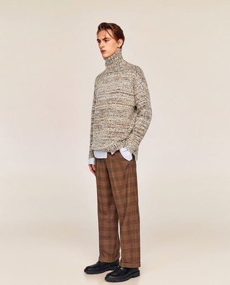 Black Chunky Leather Derby Shoes Outfits: This outfit with a grey knit wool turtleneck and brown gingham chinos isn't a hard one to score and leaves room to more creative experimentation. Feeling experimental? Jazz things up by rocking a pair of black chunky leather derby shoes.