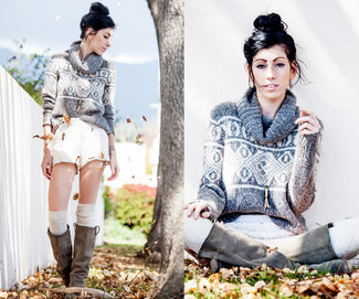 White Lace Shorts Warm Weather Outfits For Women: Uber stylish and comfortable, this combo of a grey fair isle turtleneck and white lace shorts will provide you with variety. Grey suede knee high boots will be the perfect complement to this outfit.