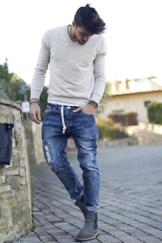 Men's Grey V-neck Sweater, Navy Ripped Jeans, Charcoal Suede Chelsea Boots, Dark Brown Bracelet