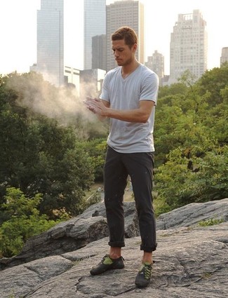 Men's Grey V-neck T-shirt, Charcoal Chinos, Charcoal Athletic Shoes