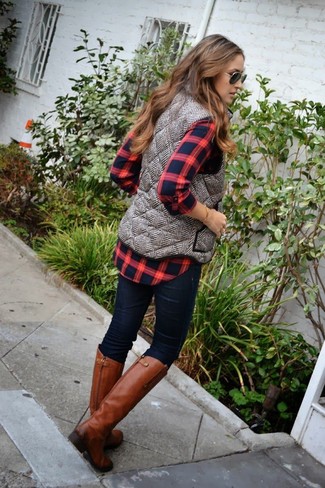 Women's Grey Quilted Vest, Red and Black Plaid Button Down Blouse, Navy Skinny Jeans, Tobacco Leather Knee High Boots
