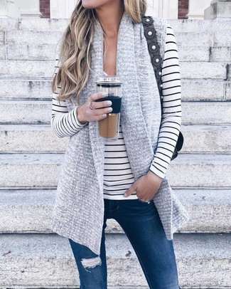 Fashion Vests Knitted Vests Knitted Vest light grey flecked casual look 