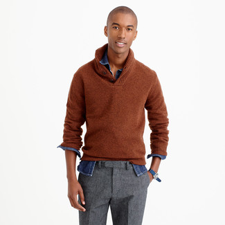 Brown Shawl-Neck Sweater Outfits: 