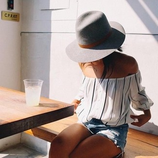 White Vertical Striped Off Shoulder Top Outfits: 