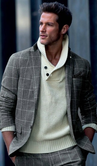 Shawl-Neck Sweater Outfits: This combo of a shawl-neck sweater and a grey check wool suit can only be described as incredibly sharp and sophisticated.
