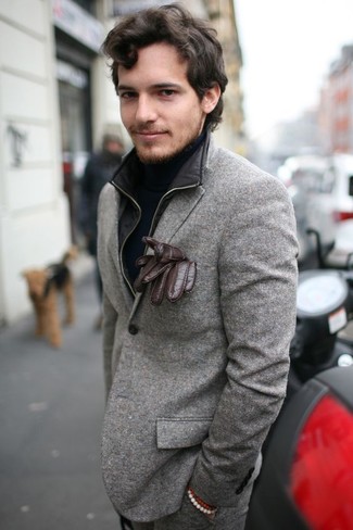 Men's Grey Wool Suit, Black Turtleneck, Dark Brown Leather Gloves