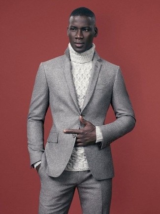 White Knit Turtleneck Outfits For Men: Consider teaming a white knit turtleneck with a grey wool suit and you're guaranteed to make heads turn.