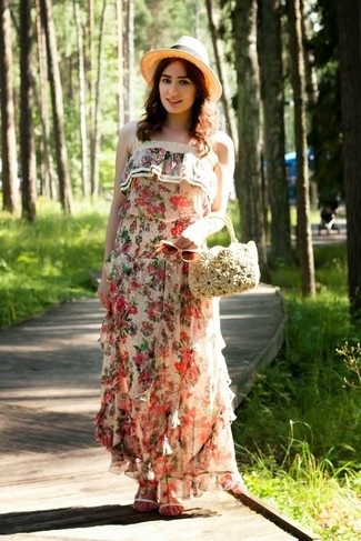 Beige Floral Maxi Dress Outfits: 