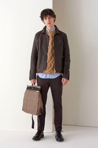 Cable Sweater Outfits For Men: Marry a cable sweater with dark brown chinos for a standout look. To give your outfit a more polished finish, why not add black chunky leather derby shoes to the mix?