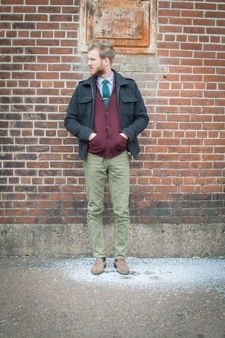 Navy Harrington Jacket Outfits: A navy harrington jacket and olive chinos are amazing menswear must-haves that will integrate really well within your current lineup. Beige suede loafers are an effortless way to transform your ensemble.
