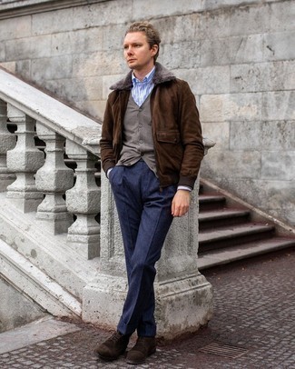 Brown Suede Harrington Jacket Outfits: A brown suede harrington jacket looks so refined when paired with navy wool dress pants in a modern man's combo. Here's how to give a more casual finish to this getup: dark brown suede casual boots.
