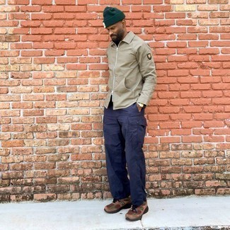 Dark Green Beanie Outfits For Men: If you're all about being comfortable when it comes to styling, this combo of a tan harrington jacket and a dark green beanie is what you need. This outfit is complemented really well with brown athletic shoes.