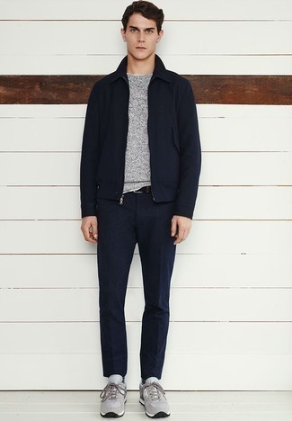 Black Harrington Jacket Outfits: A black harrington jacket and navy chinos are a wonderful combo worth having in your day-to-day casual fashion mix. Grey athletic shoes will bring a touch of stylish effortlessness to an otherwise standard outfit.