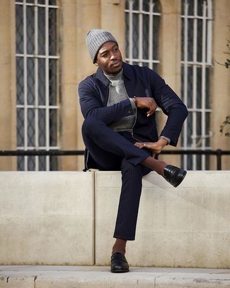 Charcoal Beanie Outfits For Men: This bold casual pairing of a navy harrington jacket and a charcoal beanie is super easy to pull together without a second thought, helping you look dapper and ready for anything without spending too much time searching through your wardrobe. For a more elegant vibe, complement this getup with black leather loafers.