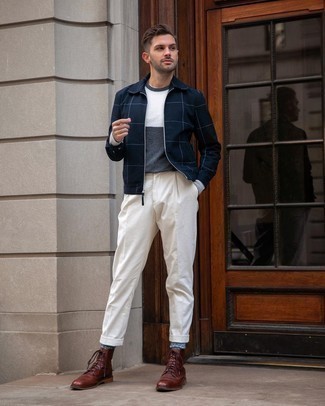 White Corduroy Chinos Outfits: This off-duty combo of a navy check harrington jacket and white corduroy chinos is a real life saver when you need to look casually stylish in a flash. Tone down the casualness of your getup by finishing off with brown leather casual boots.