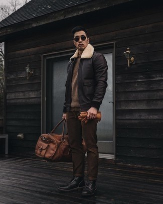 Black Sunglasses Smart Casual Outfits For Men: Pair a dark brown leather harrington jacket with black sunglasses to get a casual street style and stylish ensemble. Kick up your look by slipping into black leather casual boots.
