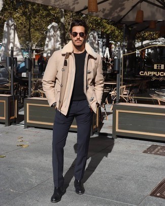 Beige Harrington Jacket Outfits: Fashionable and comfortable, this casual pairing of a beige harrington jacket and navy chinos will provide you with variety. Introduce black leather chelsea boots to this outfit for an instant style injection.