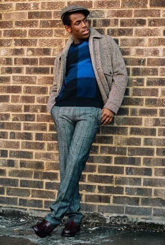 Blue Check Crew-neck Sweater Outfits For Men: This combo of a blue check crew-neck sweater and light blue plaid chinos is hard proof that a safe off-duty ensemble doesn't have to be boring. Complement your outfit with burgundy leather tassel loafers for an added dose of refinement.