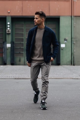 Dark Green Athletic Shoes Outfits For Men: A big thumbs up to this off-duty combination of a navy harrington jacket and grey chinos! Dark green athletic shoes will instantly dress down a dressy outfit.