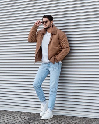 Brown Harrington Jacket Outfits: Showcase your chops in men's fashion by wearing this off-duty combination of a brown harrington jacket and light blue jeans. Our favorite of an endless number of ways to round off this outfit is a pair of white canvas low top sneakers.