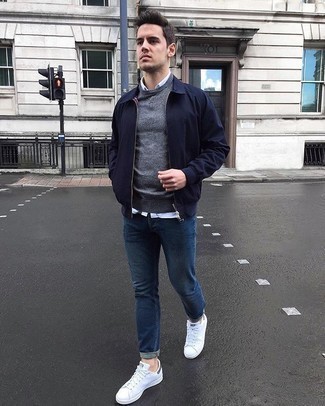 Navy Harrington Jacket Outfits: A navy harrington jacket and blue jeans are the kind of a no-brainer casual getup that you need when you have no time to spare. Let your outfit coordination credentials truly shine by finishing off this getup with white canvas low top sneakers.