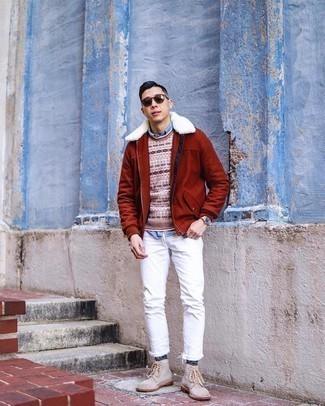 Tan Fair Isle Crew-neck Sweater Outfits For Men: A tan fair isle crew-neck sweater and white jeans have become a favorite pairing for many style-savvy guys. Why not complement your outfit with a pair of beige suede casual boots for an extra touch of style?