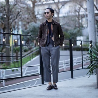 Grey Chinos Outfits: A dark brown suede harrington jacket and grey chinos are great menswear essentials to have in the off-duty part of your closet. Kick up the dressiness of this outfit a bit by rocking dark brown leather tassel loafers.