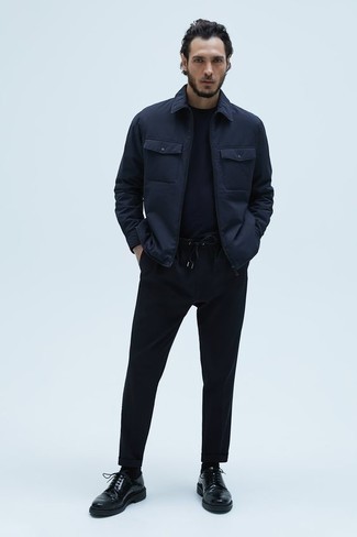 Black Socks Smart Casual Outfits For Men: This laid-back pairing of a navy harrington jacket and black socks is very easy to put together without a second thought, helping you look seriously stylish and ready for anything without spending too much time digging through your closet. Not sure how to finish this ensemble? Round off with black leather derby shoes to kick up the style factor.