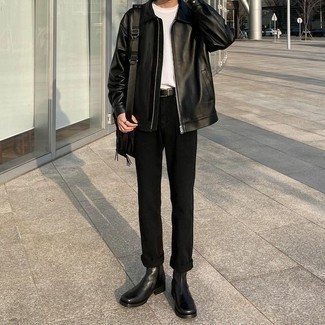 Black Leather Messenger Bag Outfits: A black leather harrington jacket and a black leather messenger bag are an urban combination that every fashionable gent should have in his wardrobe. Feeling adventerous? Smarten up your outfit by slipping into black leather chelsea boots.