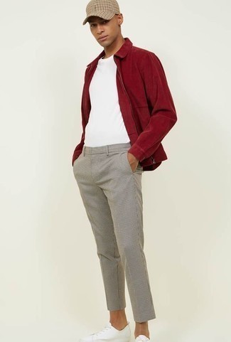 Red Harrington Jacket Outfits: For a neat and relaxed look, pair a red harrington jacket with grey check chinos — these two items go really nice together. If not sure about what to wear on the shoe front, complete this getup with a pair of white leather low top sneakers.