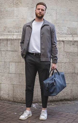 Grey Harrington Jacket Outfits: You can look casually dapper without exerting much effort in a grey harrington jacket and charcoal chinos. If you wish to effortlessly dial down this outfit with one single piece, why not add a pair of white leather low top sneakers to the equation?