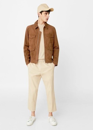 Tan Harrington Jacket Outfits: Wear a tan harrington jacket with beige chinos to pull together a daily ensemble that's full of charisma and character. Feeling brave? Shake things up by sporting white canvas low top sneakers.