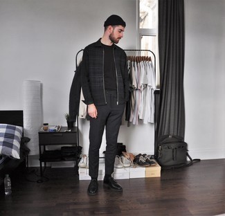 Black Harrington Jacket Outfits: Such items as a black harrington jacket and charcoal chinos are an easy way to introduce effortless cool into your casual styling rotation. With shoes, you could stick to a more elegant route with black leather derby shoes.
