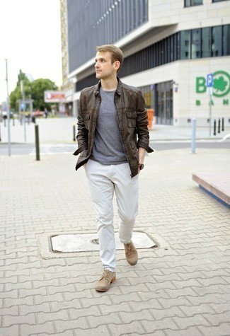 Dark Brown Leather Harrington Jacket Outfits: This off-duty combo of a dark brown leather harrington jacket and white chinos is a real life saver when you need to look great but have no extra time. Finishing with tan suede derby shoes is a guaranteed way to inject an air of sophistication into this ensemble.