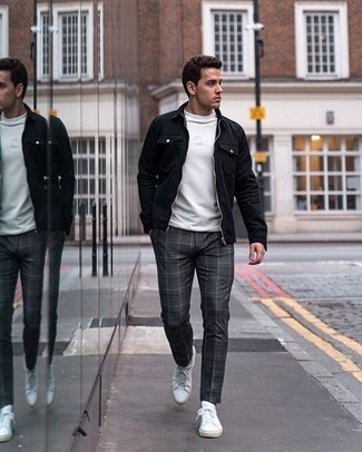 Black Harrington Jacket Outfits: Infuse versatility into your daily casual routine with a black harrington jacket and charcoal plaid chinos. If you're wondering how to round off, a pair of white canvas low top sneakers is a foolproof option.