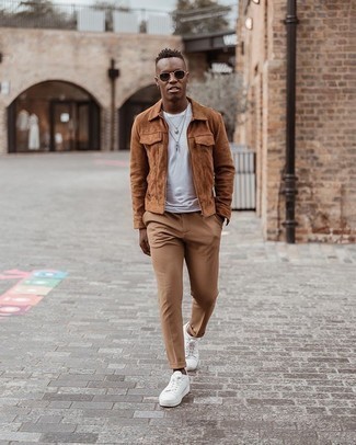 Brown Harrington Jacket Outfits: If you don't like spending too much time on your combos, team a brown harrington jacket with khaki chinos. To bring out the fun side of you, enter a pair of white canvas low top sneakers into the equation.