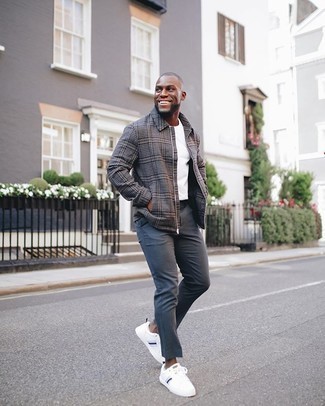 Charcoal Harrington Jacket Outfits: A charcoal harrington jacket and charcoal chinos are the kind of a fail-safe off-duty ensemble that you need when you have no time to spare. Inject a laid-back touch into your getup with white and navy canvas low top sneakers.