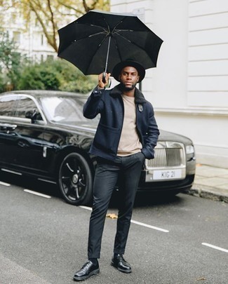 Navy Wool Harrington Jacket Outfits: A navy wool harrington jacket and black chinos will give off this casually dapper vibe. Hesitant about how to round off this outfit? Wear black leather derby shoes to rev up the wow factor.