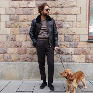 Black Harrington Jacket Outfits: When the setting permits casual dressing, pair a black harrington jacket with dark brown chinos. Feeling transgressive? Spice up your outfit by rocking a pair of black suede loafers.