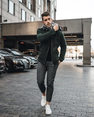 Olive Harrington Jacket Outfits: This outfit with an olive harrington jacket and charcoal chinos isn't so hard to achieve and is easy to change. Hesitant about how to round off? Introduce a pair of white leather low top sneakers to your ensemble for a more casual twist.