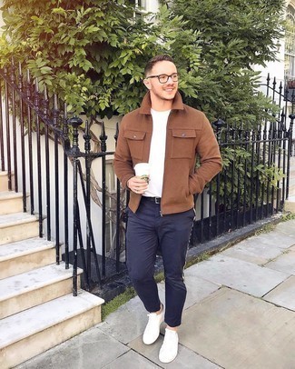 Brown Wool Harrington Jacket Outfits: If you use a more laid-back approach to styling, why not opt for a brown wool harrington jacket and navy chinos? Let your styling sensibilities really shine by complementing your getup with a pair of white canvas low top sneakers.