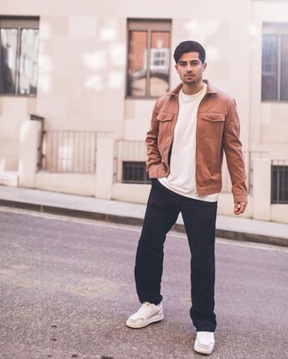 Brown Harrington Jacket Outfits: Putting together a brown harrington jacket and navy chinos will hallmark your skills in menswear styling even on lazy days. Feeling venturesome today? Shake things up by rocking a pair of white leather low top sneakers.