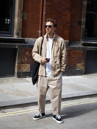 Beige Chinos Casual Outfits: Opt for a tan harrington jacket and beige chinos for a casual and cool and fashionable getup. For a modern hi/low mix, add black and white canvas low top sneakers to the equation.