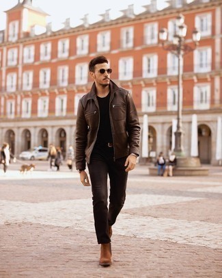 Dark Brown Suede Chelsea Boots Outfits For Men: A dark brown leather harrington jacket and dark brown chinos are a good getup worth integrating into your daily styling repertoire. Dark brown suede chelsea boots will breathe a sense of sophistication into an otherwise too-common outfit.