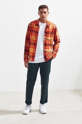 Orange Harrington Jacket Outfits: An orange harrington jacket and teal chinos are the perfect way to infuse some cool into your day-to-day off-duty collection. Introduce white leather low top sneakers to the mix to infuse a dash of stylish nonchalance into your look.
