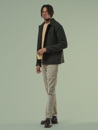 Dark Green Harrington Jacket Outfits: For something more on the off-duty end, test drive this combo of a dark green harrington jacket and grey chinos. Complete this getup with a pair of dark brown leather desert boots et voila, your getup is complete.