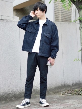 Navy Harrington Jacket Outfits: This look with a navy harrington jacket and navy chinos isn't a hard one to pull off and is easy to adapt according to circumstances. Throw black and white canvas low top sneakers into the mix to immediately ramp up the appeal of your getup.