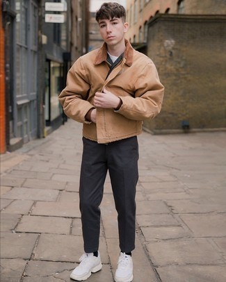 Tan Harrington Jacket Outfits: A tan harrington jacket and black chinos matched together are a sartorial dream for gents who love casual looks. Balance this look with more laid-back footwear, like this pair of white athletic shoes.
