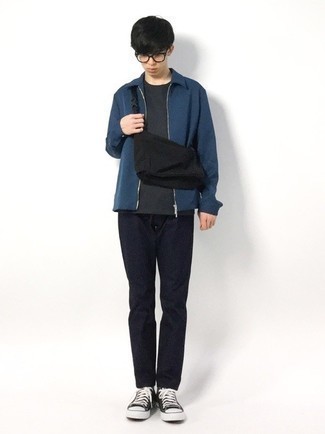 Men's Navy Harrington Jacket, Charcoal Crew-neck T-shirt, Black Chinos, Black and White Canvas Low Top Sneakers