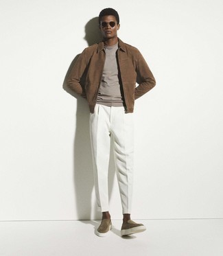 Men's Brown Suede Harrington Jacket, Grey Crew-neck T-shirt, White Chinos, Brown Suede Loafers